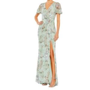 Mac Duggal Green Embellished Butterfly Sleeve Faux Wrap Gown 93749 Women’s Sz 12